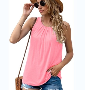 Detailed close-up of pink sleeveless top featuring pleated round neck and soft fabric