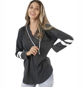 Detail of grey long sleeve hoodie with V-neckline and white sleeve stripes