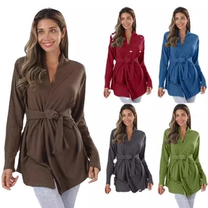 Women Casual Long Sleeve Wrap Cardigan Top Cotton Blend Deep V Neck Waist Tie Solid Color Knit Sweater Outerwear Fashion
