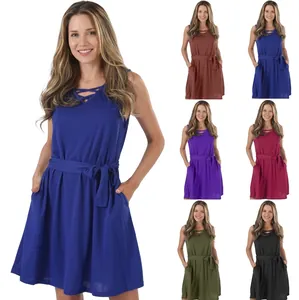 Robe Mi-longue Décontractée Sans Manches Pour Femmes Avec Col En V À Lacets Ceinture Poche Tricot Couleur Unie Style Rue Été