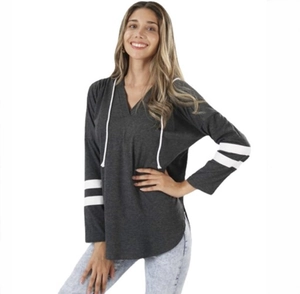 Close-up of women's dark grey hooded top with white sleeve stripes and V-neck drawstrings