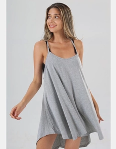 Detailed view of light gray oversized maxi dress featuring thin straps and asymmetrical hem