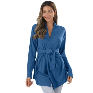 Elegant blue long sleeve V-neck cardigan top with adjustable waist tie for women