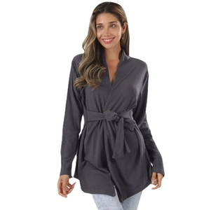 Dark grey knitted long sleeve cardigan with waist tie closure for a slimming fit