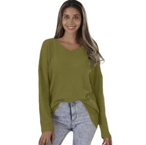 Detail of olive green waffle knit texture and V-neckline on women long sleeve top