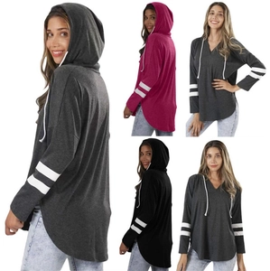 Women Casual Hooded Sweatshirt V-Neck Drawstring Long Sleeve Top Contrast Striped Curved Hem Thin Hoodies For Autumn Winter