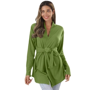 Olive green long sleeve wrap cardigan top with adjustable waist belt for women