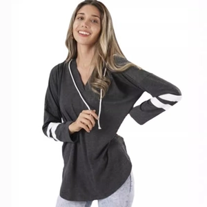 Women's charcoal grey long sleeve hooded sweatshirt with V-neck and white sleeve stripes