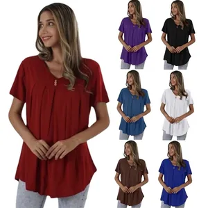 Women's Casual V-Neck Short Sleeve T-Shirt With Buttons Pleated Design Solid Color Tunic Top Cotton Blend Loose Summer Shirt
