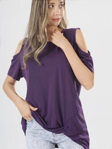 Close-up of deep purple cold shoulder T-shirt with front knot detail and soft knit fabric
