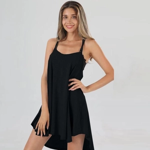 Elegant black satin slip dress with adjustable thin straps and asymmetrical high-low hemline