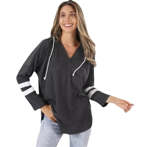 Women's dark grey hooded top with V-neck and white stripes on long sleeves