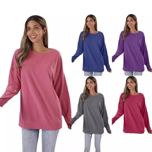 T-Shirt à Manches Longues en Mélange de Coton Décontracté pour Femmes Col Rond Épaule Tombante Sweatshirt Couleur Unie Top Large Avec Passe-Pouces