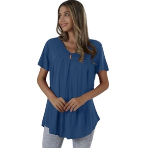 Women's V-neck short sleeve loose t-shirt in navy blue with button details and pleats