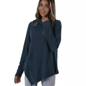 Haut à manches longues pour femmes, bleu canard foncé, col montant et ourlet asymétrique en queue