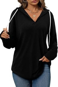 Close-up of women's black V-neck hoodie with contrasting white drawstrings and loose fit