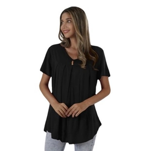 Close-up of black V-neck t-shirt with pleated details and three decorative brown buttons