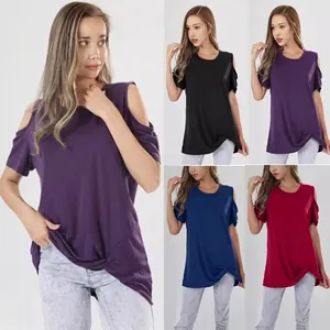 Women's Casual Cold Shoulder T-Shirt Short Sleeve Round Neck Twist Knot Hem Solid Color Relaxed Fit Summer Fashion Top