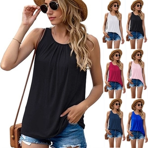Women's Casual Sleeveless Tank Top Pleated Round Neck Summer Holiday Vest With Back Keyhole Solid Color Fashionable Top