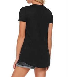 Rear view of women's black short sleeve V-neck T-shirt with curved high-low hem design