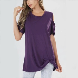 Cold shoulder short sleeve purple t-shirt with twist knot hem design for women