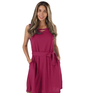 Robe sans manches à col en V rose foncé avec ceinture nouée et poches latérales