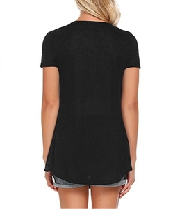 Back view of a black short-sleeve V-neck T-shirt with a curved hem on a model