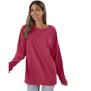 Sweat-shirt femme à manches longues rose rouge avec col rond et couture vintage en V