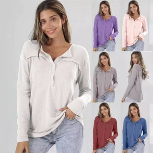 Women Casual Waffle Knit Henley Top V Neck Button Long Sleeve T-Shirt Solid Color Loose Fit Spring Autumn Knitwear Blouse