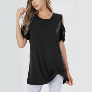 Women's black cold shoulder short sleeve T-shirt with stylish twist knot hem detail