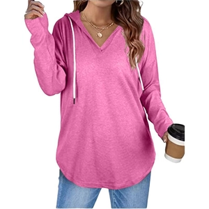 Pink long sleeve V-neck hoodie with white drawstrings for a casual relaxed look
