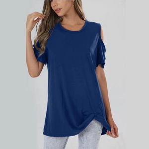 Women's casual navy blue cold shoulder short sleeve T-shirt with stylish side knot detail