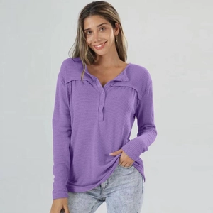 Women's casual purple waffle knit long sleeve top with henley button neckline