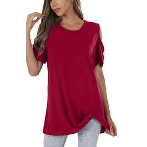 Women cold shoulder short sleeve t-shirt with front knot detail in wine red
