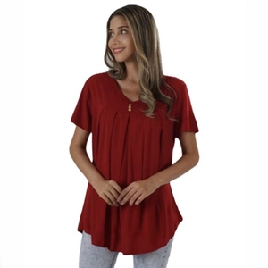 Detail of dark red V-neck T-shirt with pleated fabric texture and three decorative buttons