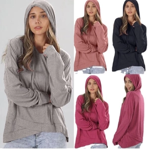 Damen Casual Loose Einfarbig Kapuzenpullover Mit Unregelmäßigem Kreuzsaum Langarm Kordelzug Pullover Hoodie Tops