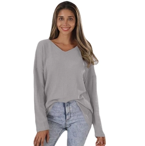 Women's casual grey V-neck waffle knit long sleeve top with a relaxed fit and dropped shoulders
