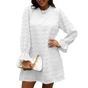 White long sleeve dress with 3D dot texture and pleated neckline with flare sleeves