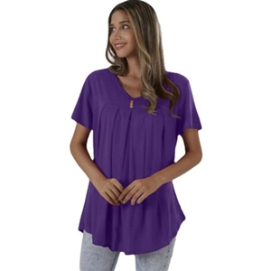 Women's casual purple V-neck short sleeve T-shirt with decorative buttons and pleated detail