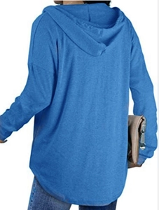 Back view of a loose-fit bright blue long-sleeved hoodie for women with curved hem
