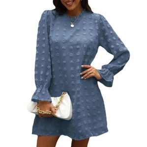 Women Casual Swiss Dot Long Sleeve Mini Dress Ruffle Neck Lantern Sleeve Solid Color Loose A-Line Short Dress For Ladies