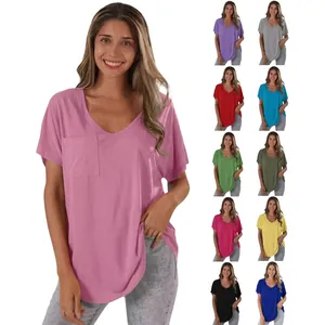 T-shirt Décontracté pour Femmes Col en V Manches Courtes Coupe Ample Mélange de Polyester Top avec Poche Couleur Unie Basique Mode Été