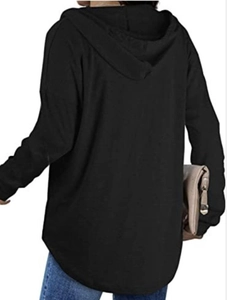 Rear view of black hoodie featuring curved hem design and soft cotton blend fabric