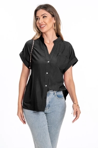 Close-up of black cotton-linen short sleeve shirt featuring a V-neck and front pocket