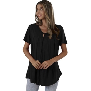 Women's black V-neck short sleeve T-shirt with pleated detail and buttons in loose fit