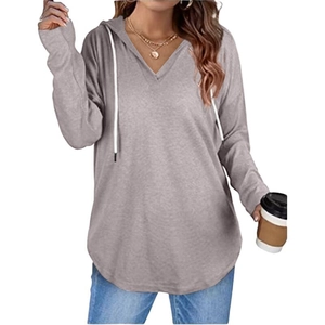 Women's casual V-neck drawstring hoodie in dusty purple with a long sleeve design