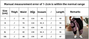 Detailed size chart for printed harem pants showing waist, hip, and length measurements
