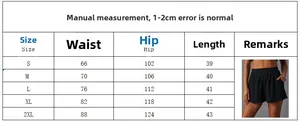 Detailed size chart for women's high-waisted loose woven sports and leisure shorts