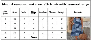 Size chart for sleeveless denim print dress with bust and length measurements in centimeters