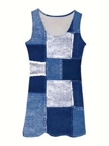 Close-up of crew neck sleeveless dress featuring vintage denim patchwork print design